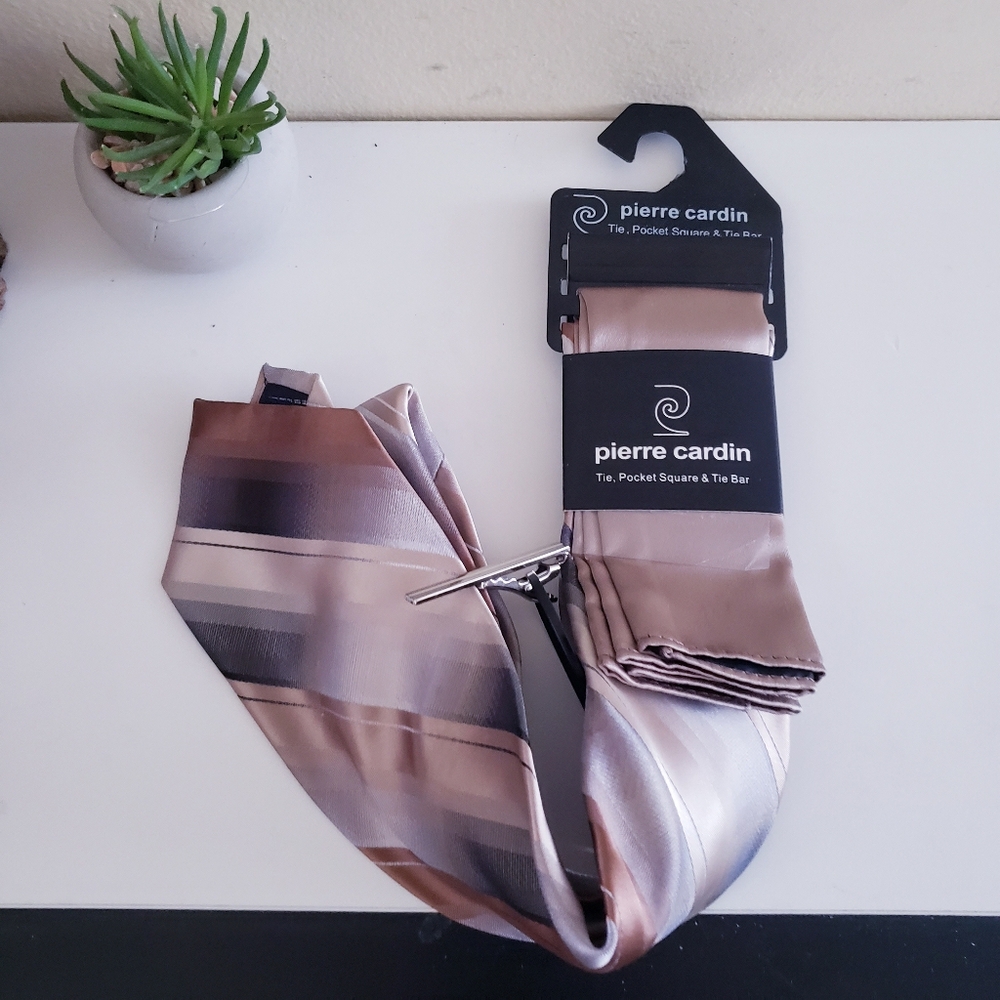 PIERRE CARDIN BNIP Men's Tie, Pocket Square & Tie Bar Set - Earth Tones - O/S